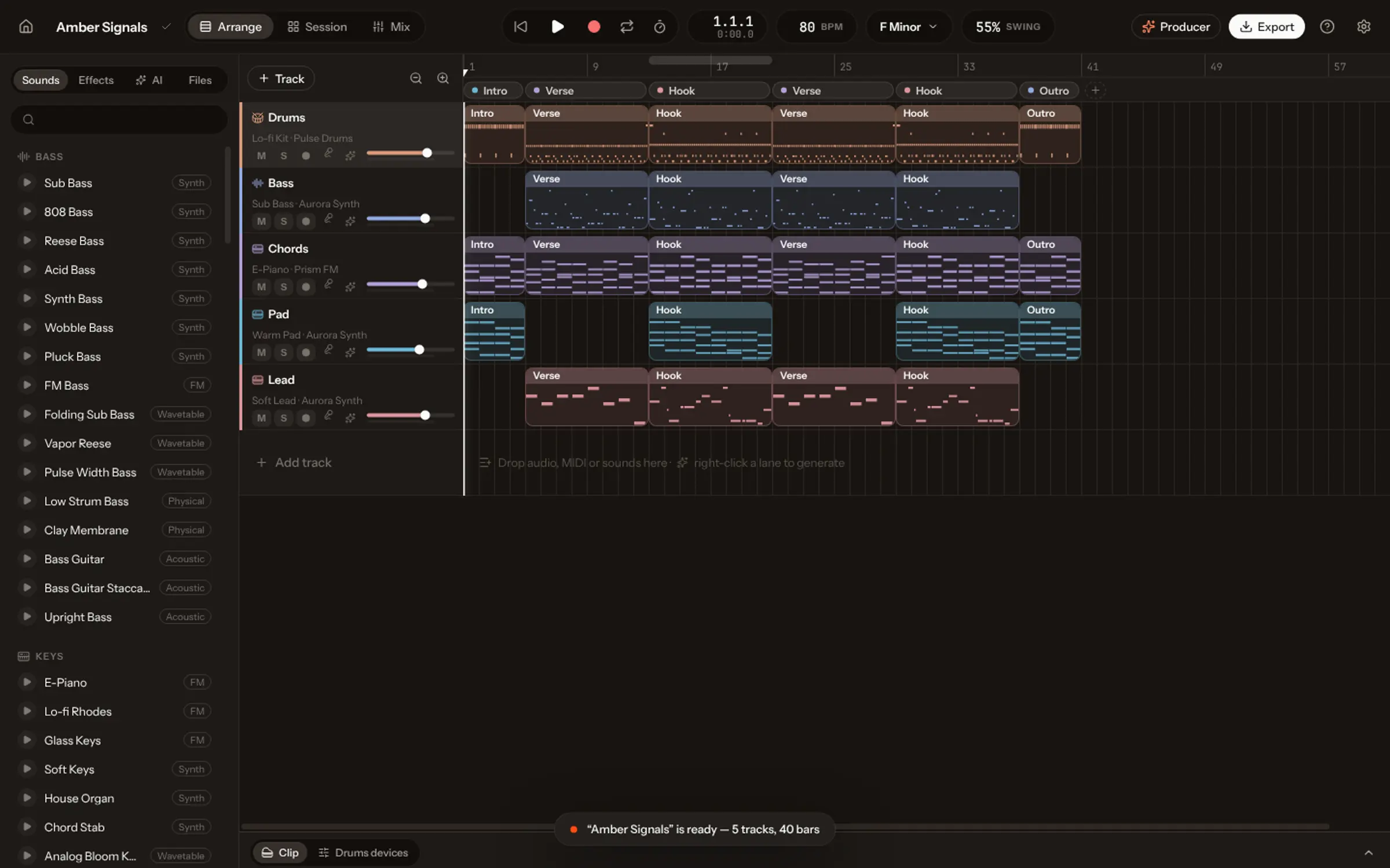 A song in the arrangement view, then the same song as clips and scenes in the session view, with a scene launched