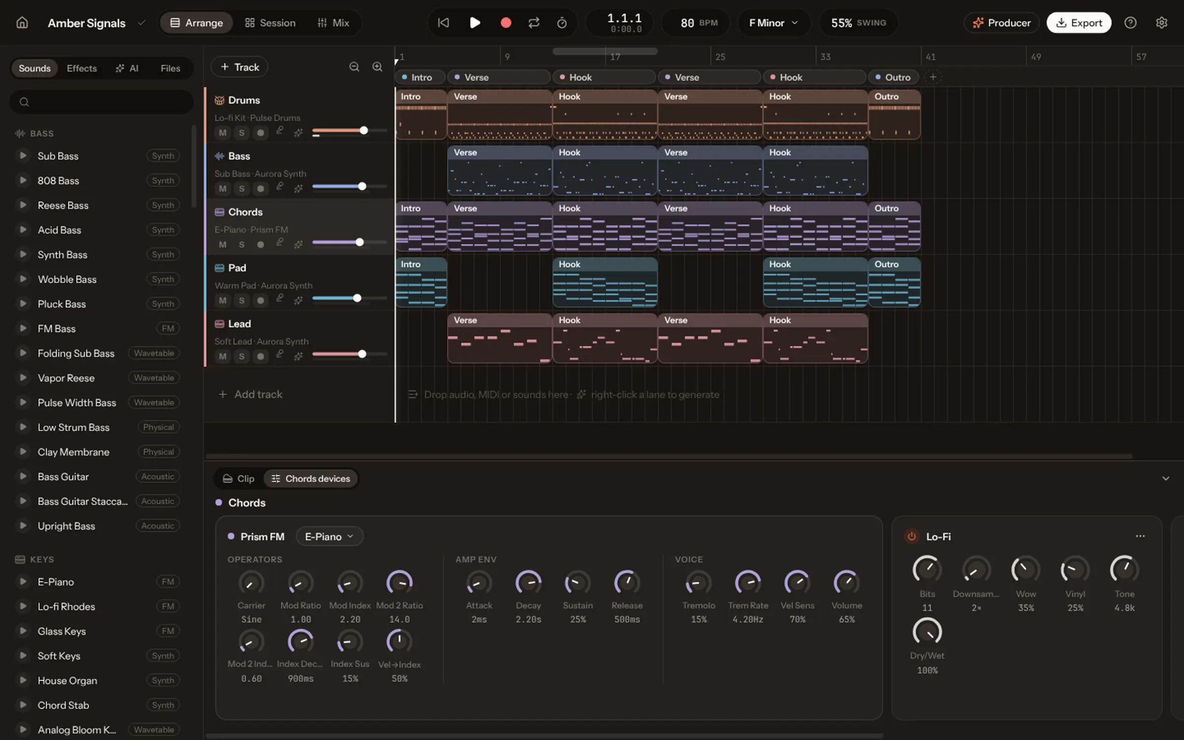 A track’s devices: the instrument and its knobs, then a Delay added from the effects menu