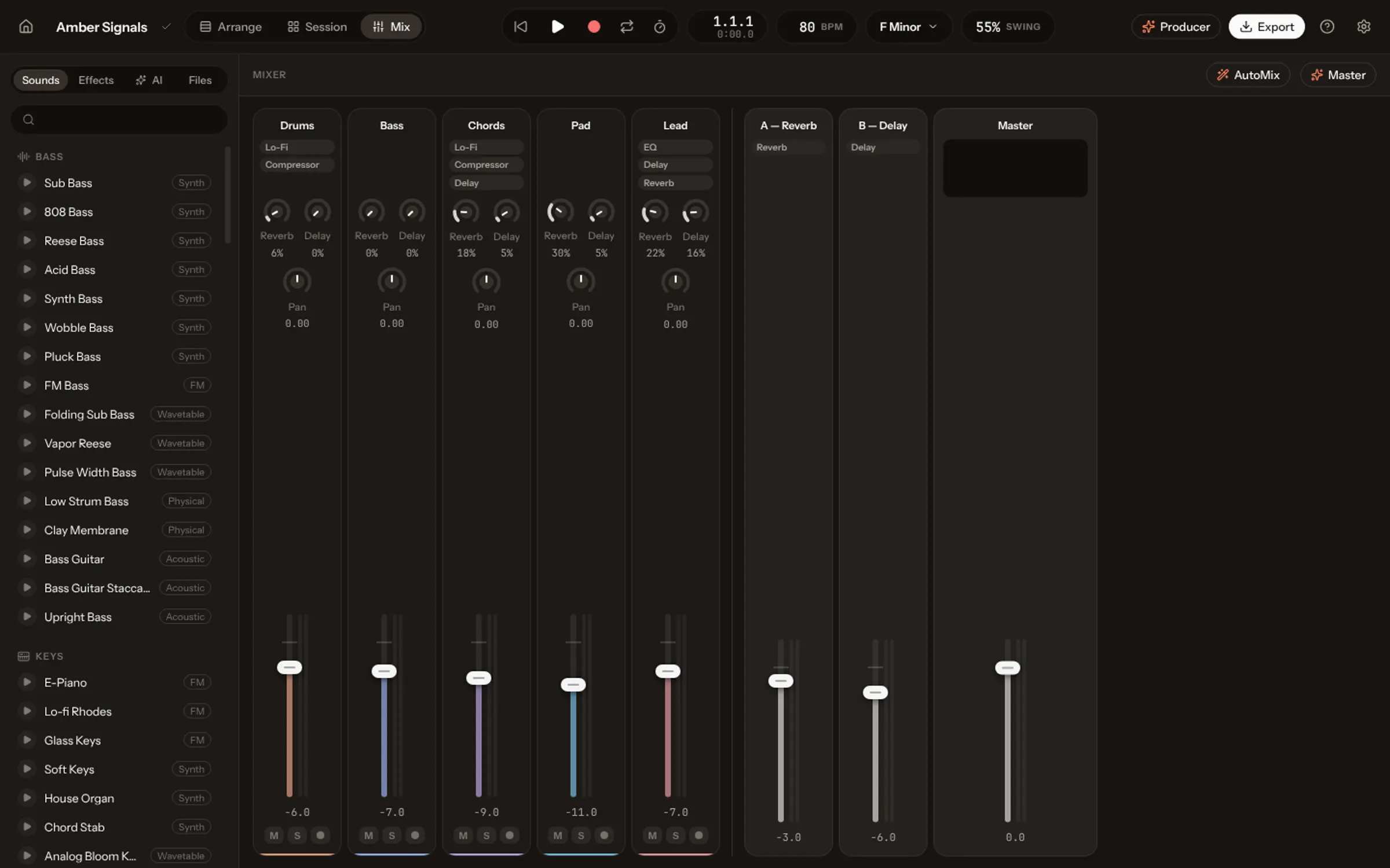 The mixer: a fader pulled down, then AutoMix balancing every track