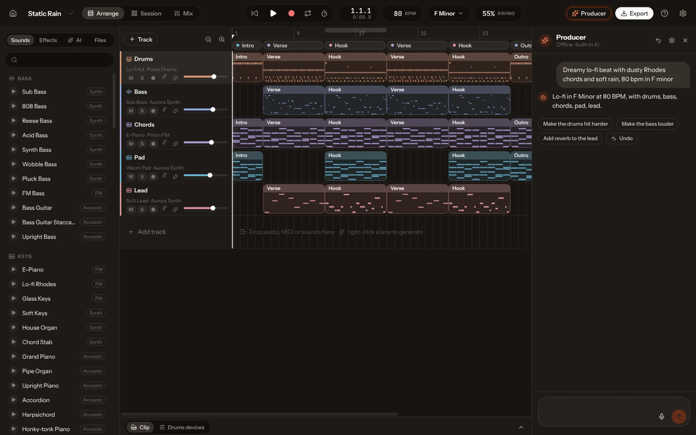 The Producer panel next to a song: a request, then the changes it made