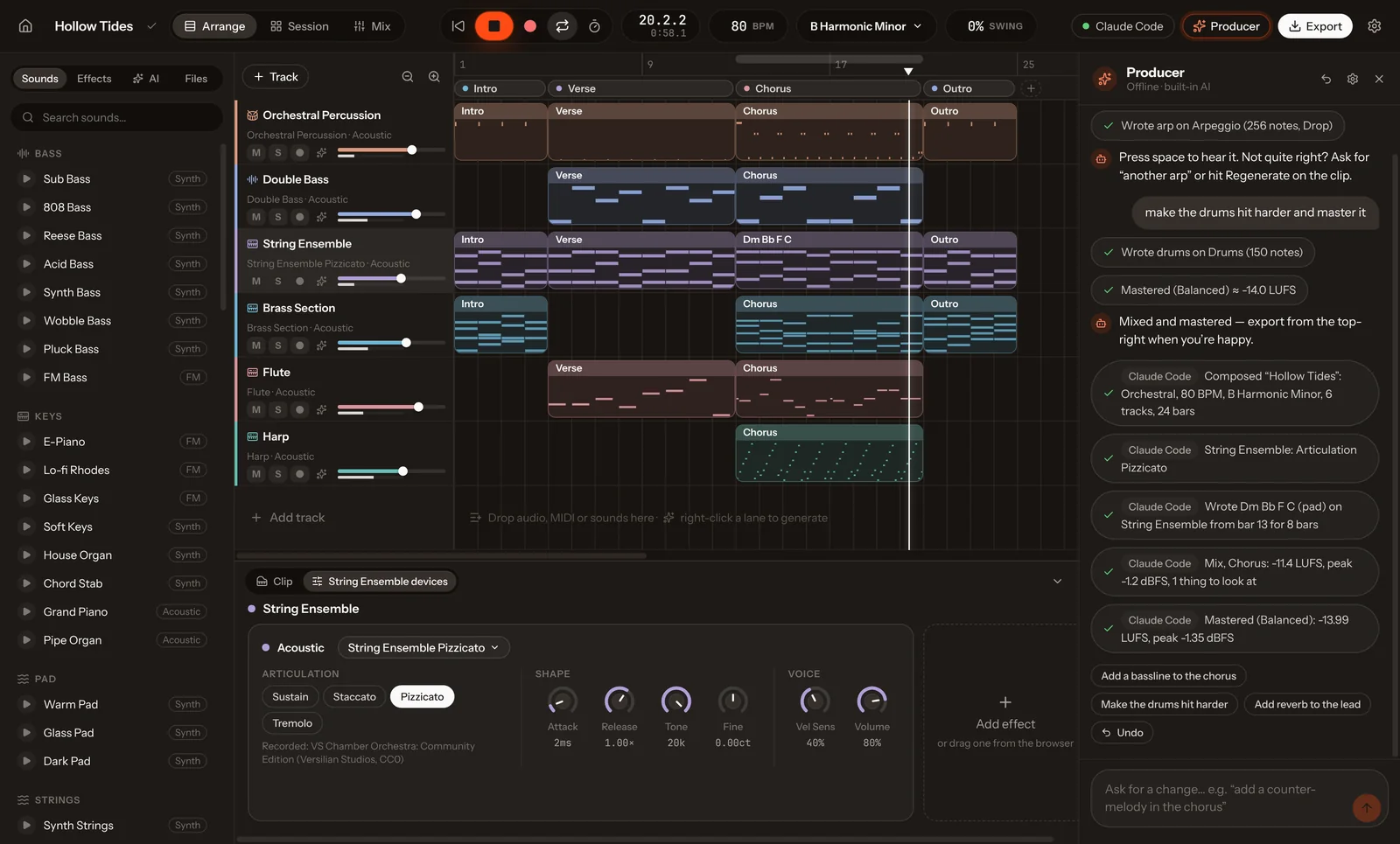 Vocals showing an orchestral song built over MCP, with Claude Code’s tool calls in the activity panel