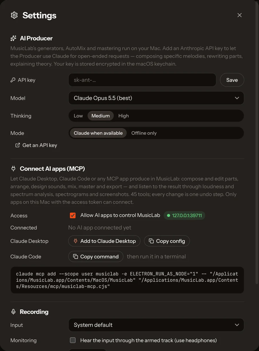 Vocals settings section for connecting AI apps, with the access switch, the Claude Desktop button and the Claude Code command